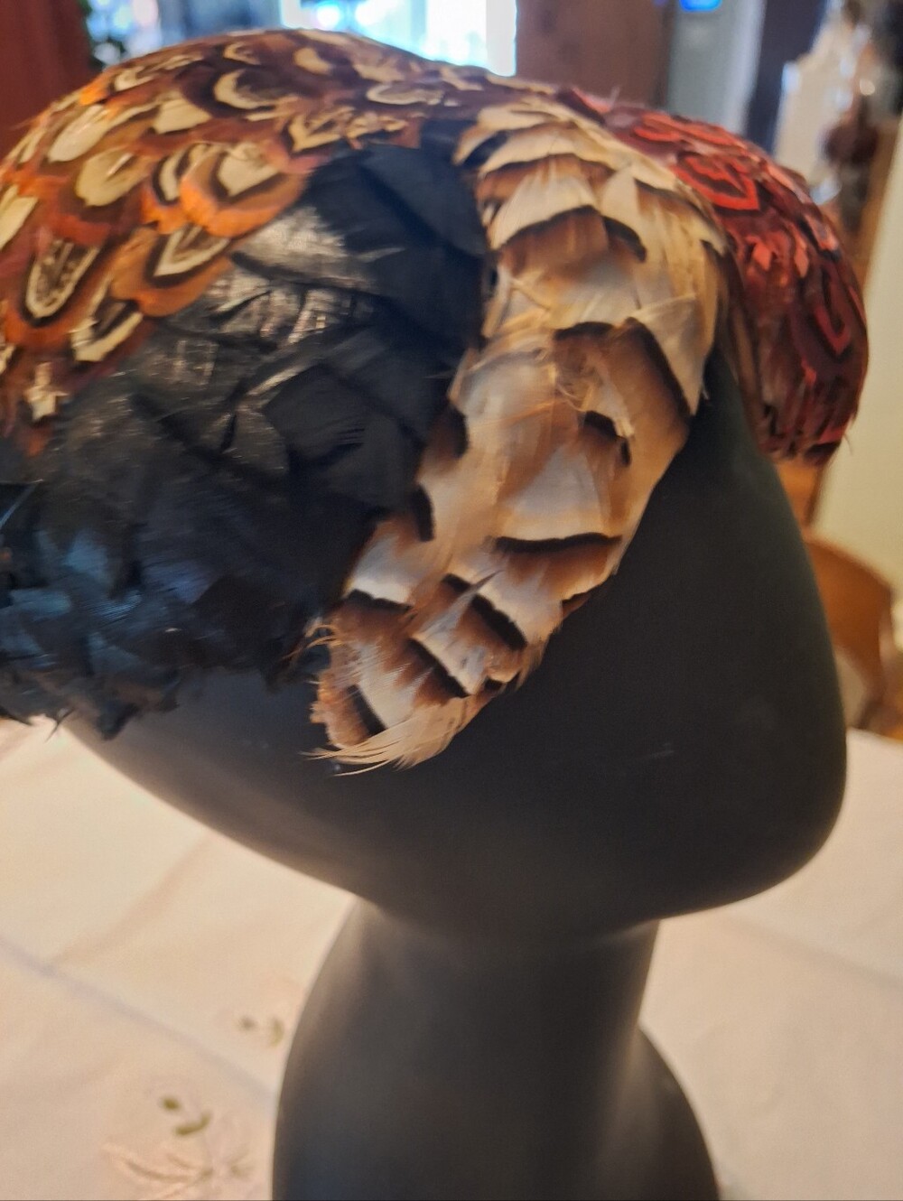 Vintage Feathered Cocktail Hat with Red and Brown Pheasant Feathers - Picture 2 of 7